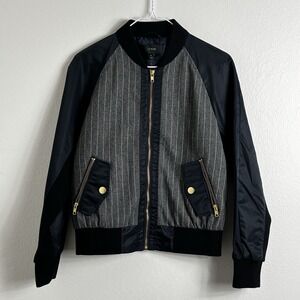 J Crew‎ Bomber Jacket Women's Small Wool Pinstripe Front Nylon Sleeve YKK